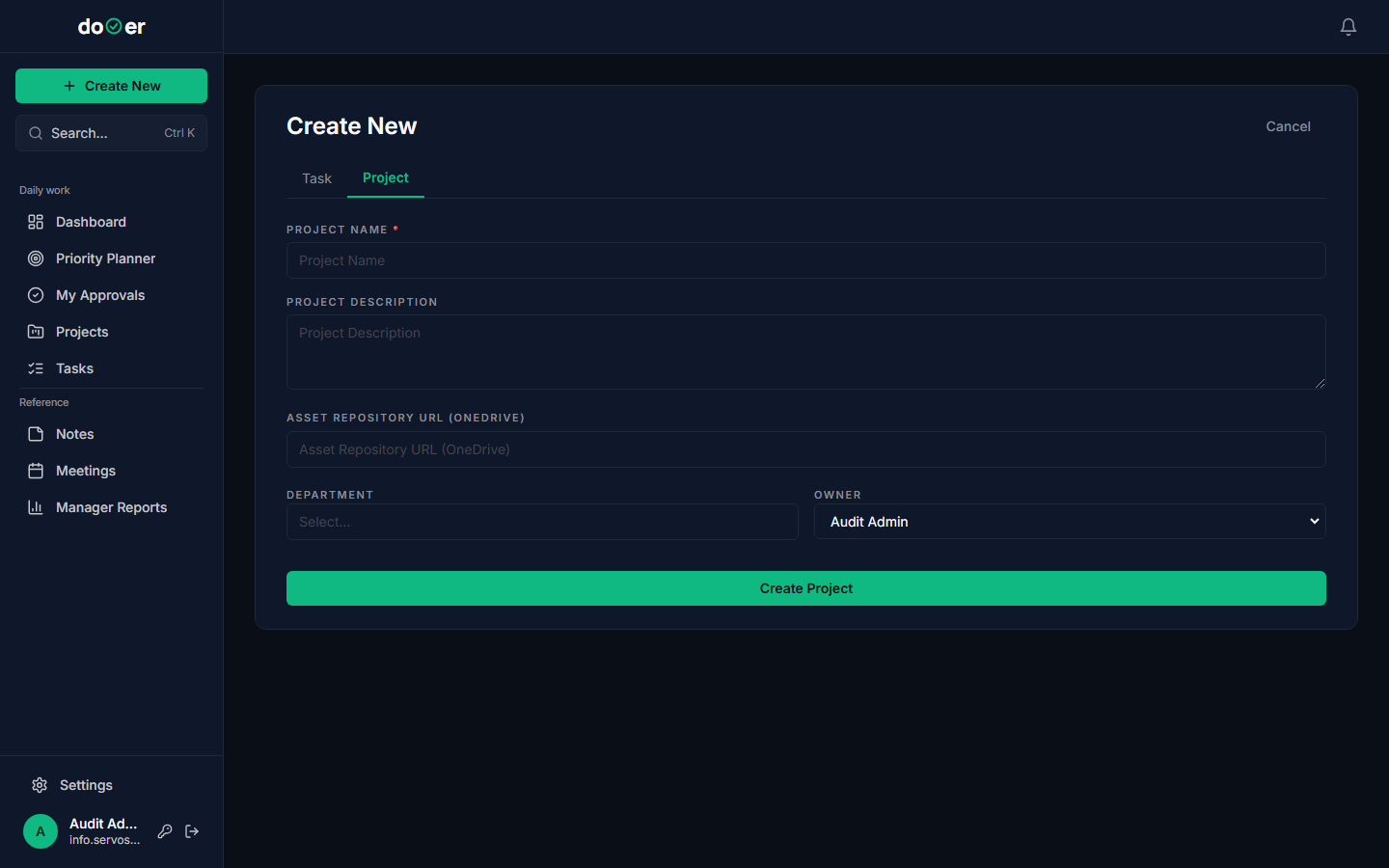 The Create New modal with the Project tab selected, showing fields for PROJECT NAME, DEPARTMENT, OWNER, and STATUS