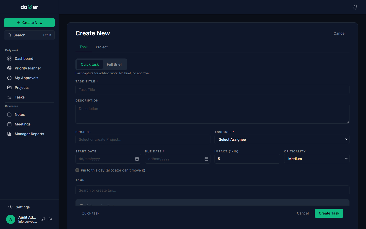 The Create New modal with the Task tab selected, showing fields for TASK TITLE, DESCRIPTION, PROJECT, ASSIGNEE, START DATE, DUE DATE, IMPACT, and CRITICALITY