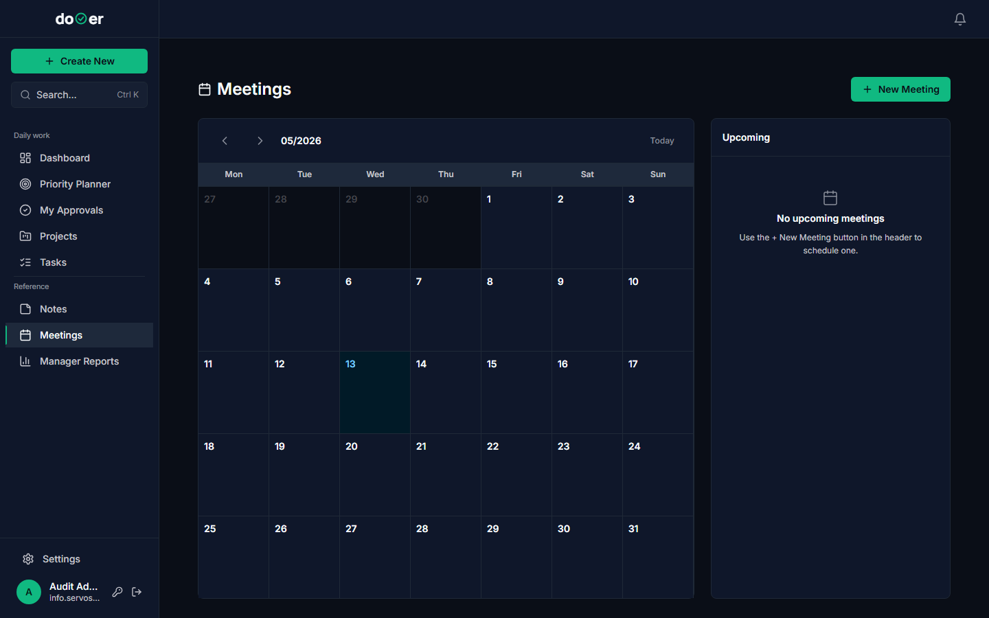 The Meetings calendar view showing a monthly grid with meetings on past, current, and future dates — including a Q2 Kickoff entry in a prior week, a Daily Standup on today's date, and a Sprint Review Prep entry in a future week