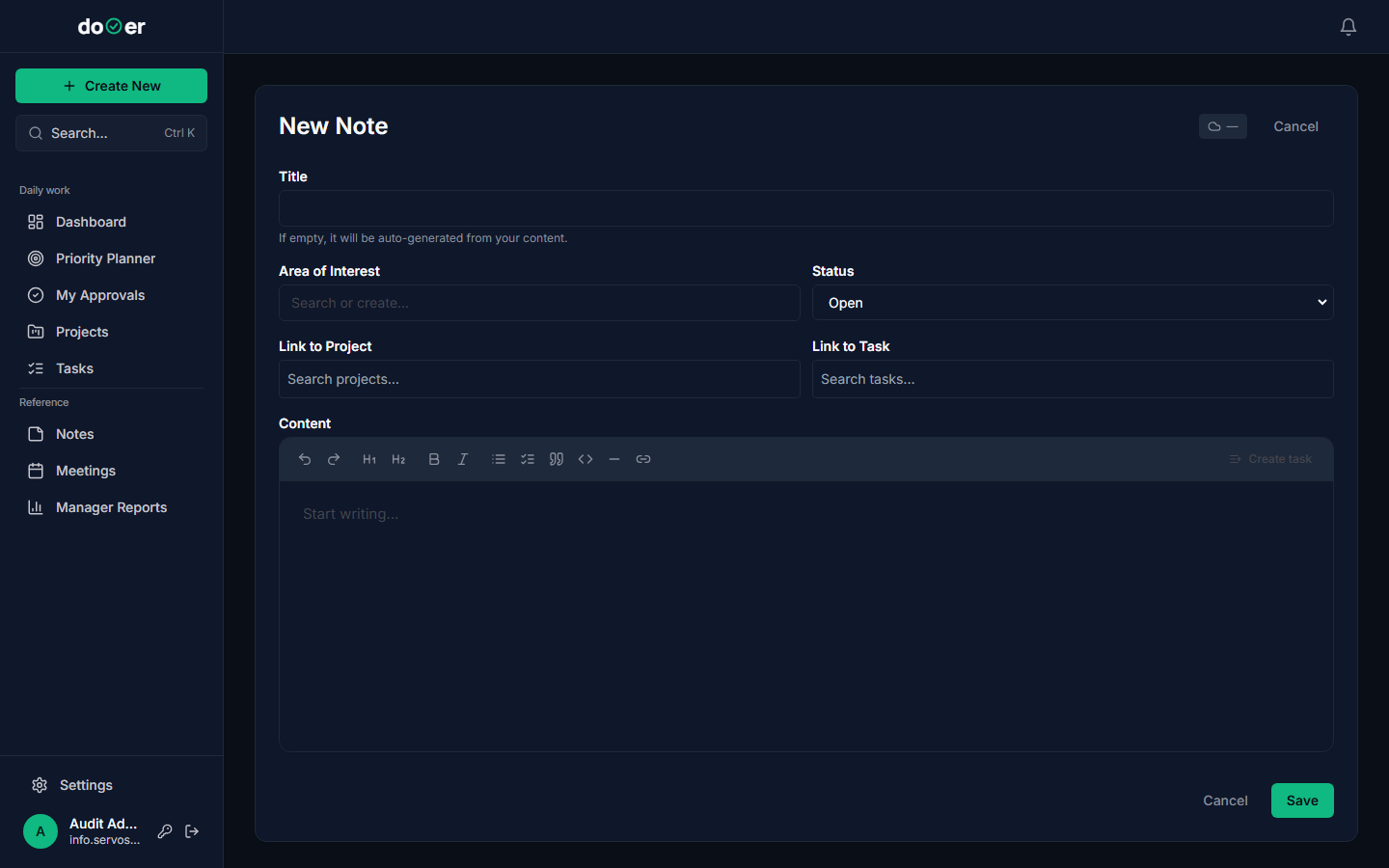 The New note panel showing a text input area, an Area of Interest field with placeholder text, and a Save button
