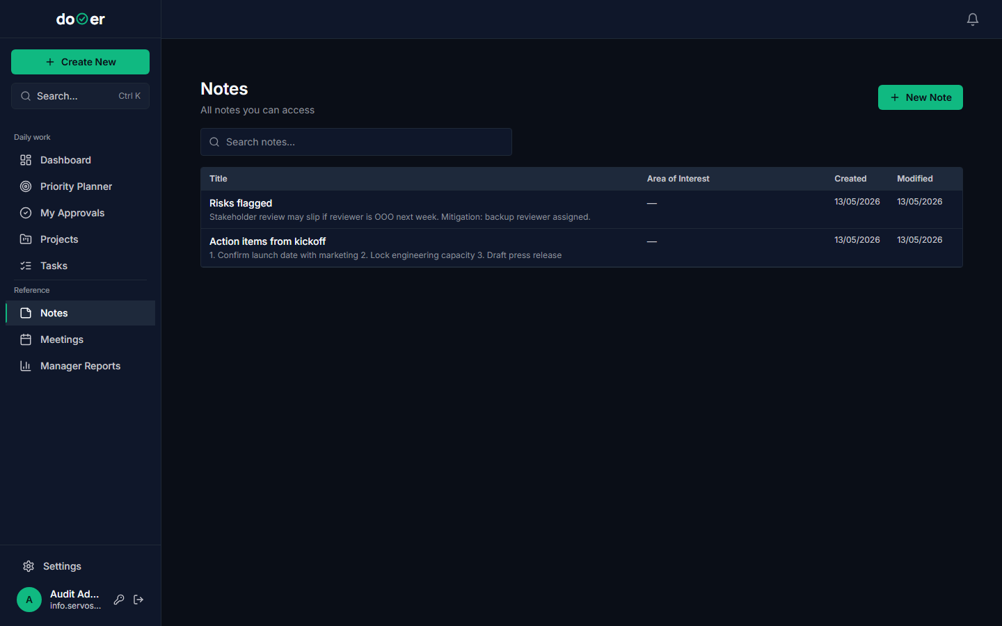 The Notes page showing a filter row at the top with Area of Interest tags, and a grid of note cards below each tagged with their area