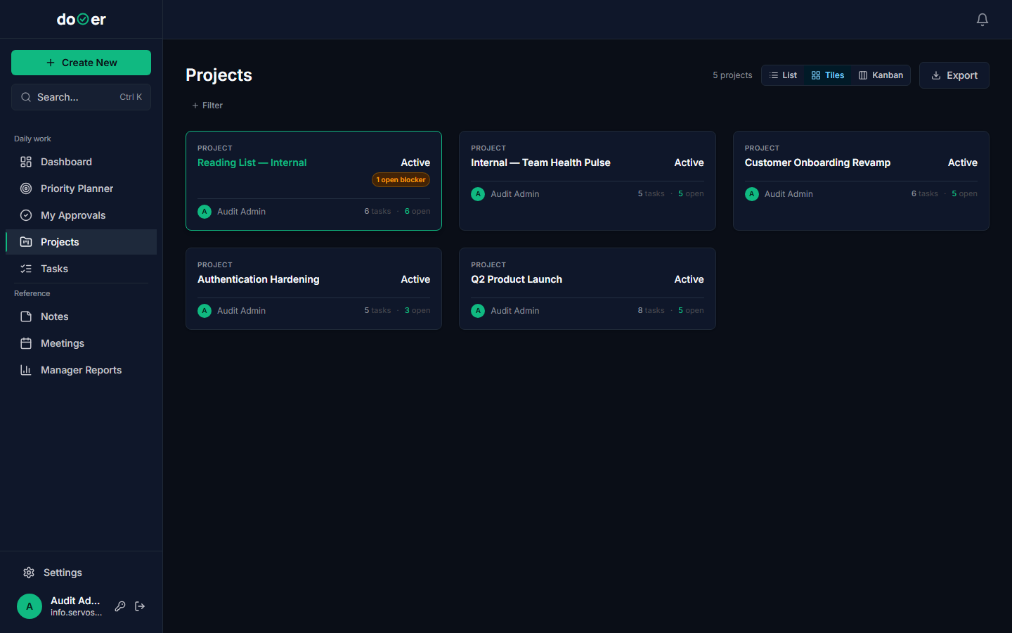 The Projects board showing project cards grouped by status