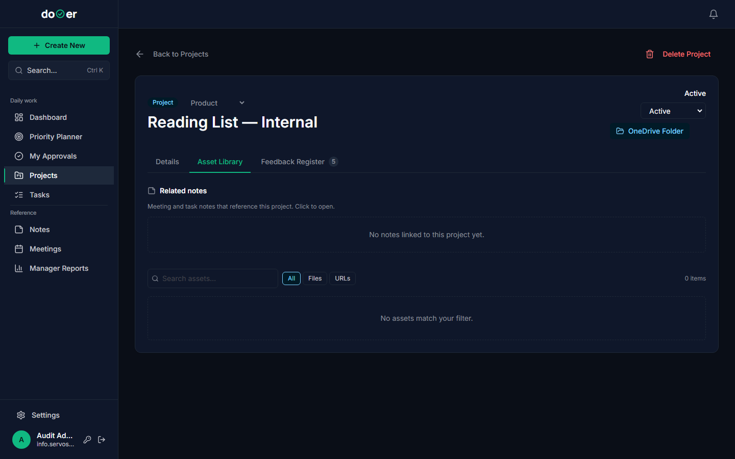 The Project Detail screen with the Assets tab active, showing a Brief Inputs section and a General Files and Links section, each with an add button.