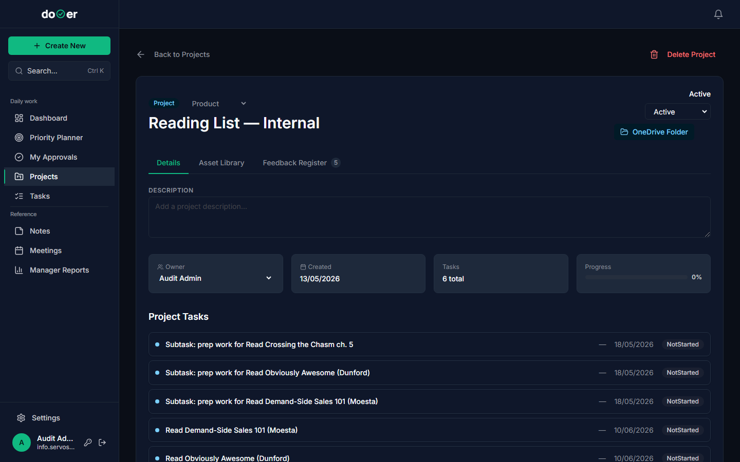The Project Detail screen with the Details tab active, showing fields for Department, Owner, Sponsor, Status, Start Date, Target End Date, OneDrive URL, and a list of tasks linked to this project.