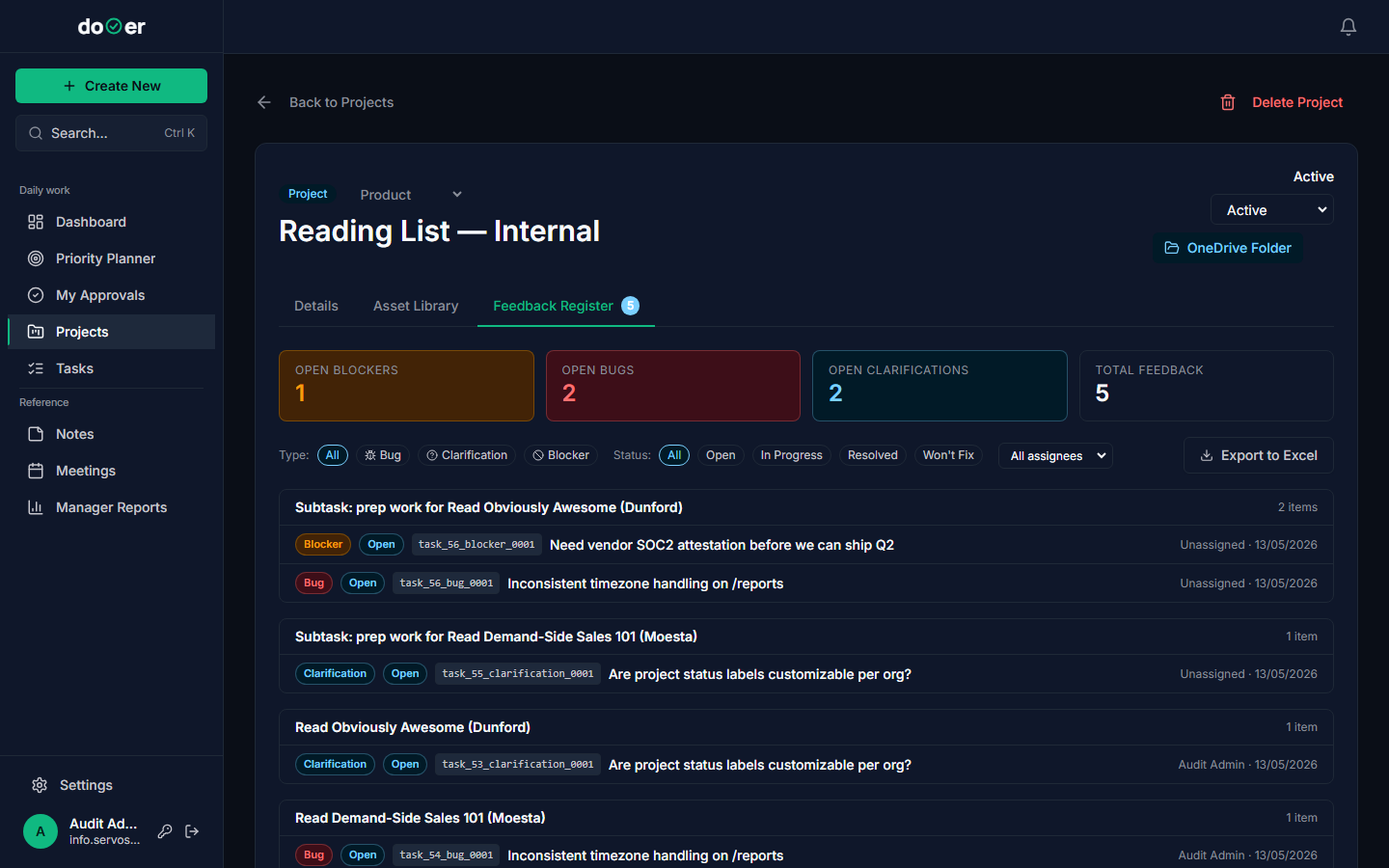 The Project Detail screen with the Feedback tab active, showing a list of feedback items with type badges (Bug, Clarification, Blocker) and a button to add new feedback.
