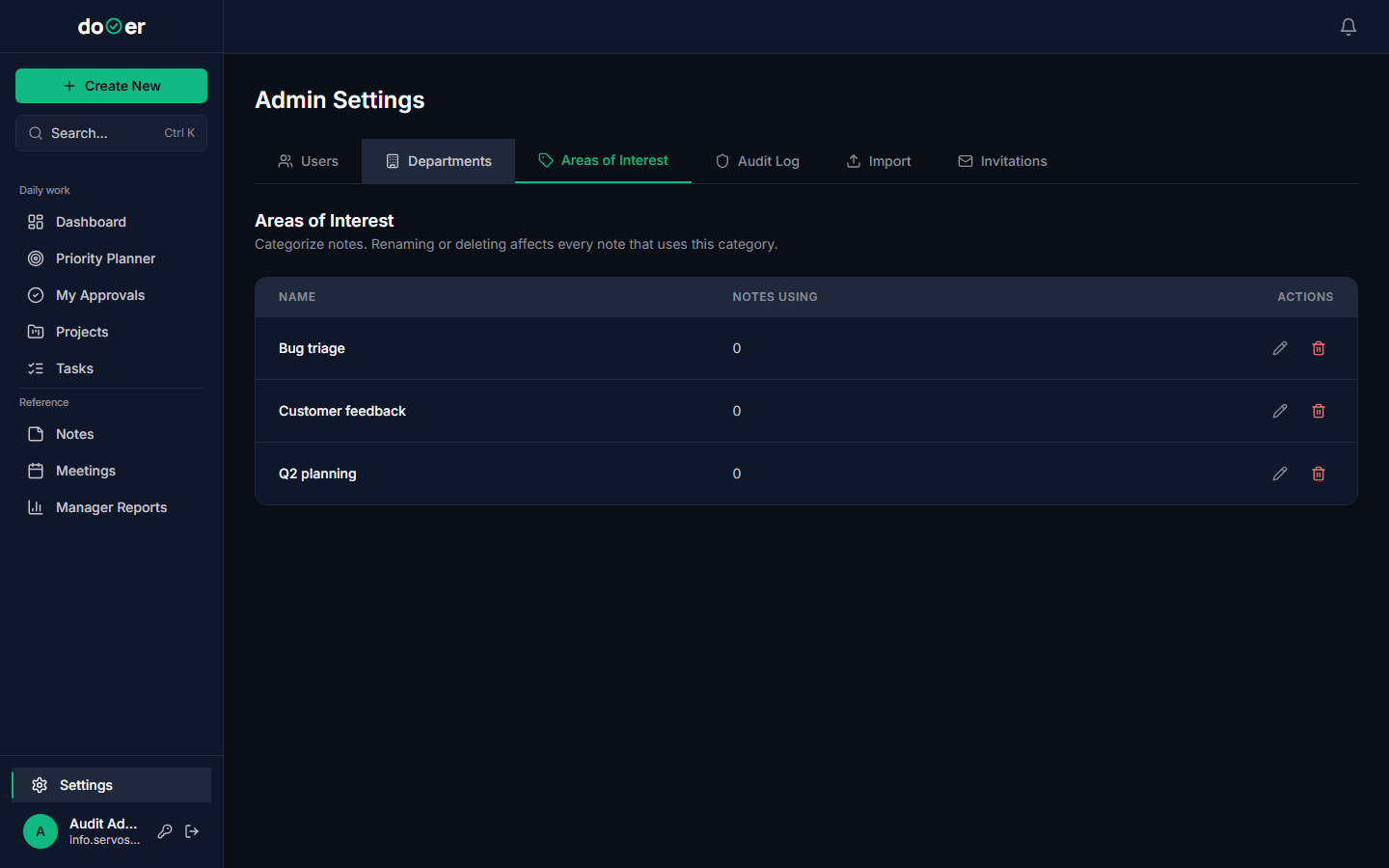 The Areas of Interest settings screen showing a list of AoI tags with an Add button