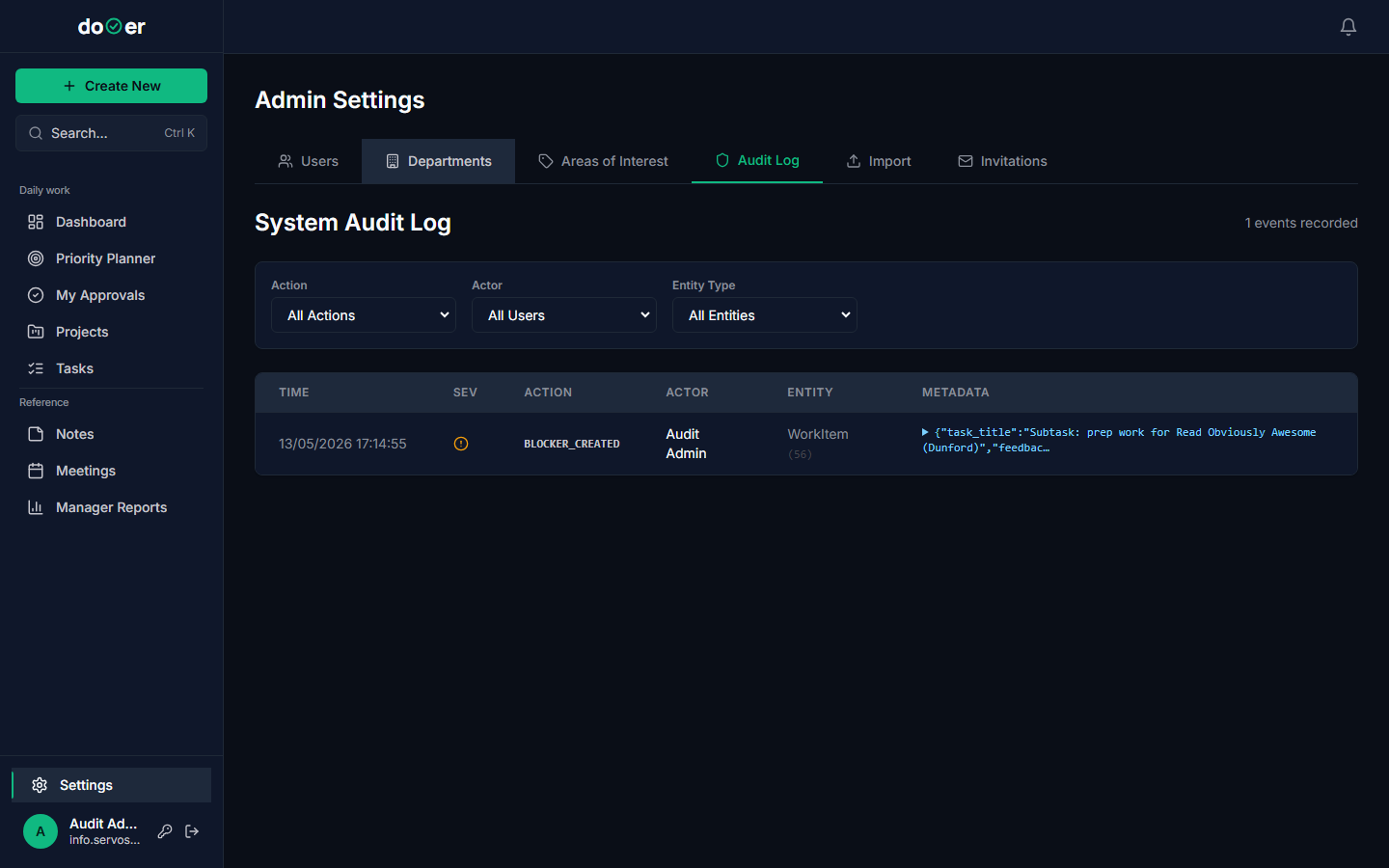 The Audit Log screen showing a table of recent activity entries with columns for timestamp, user, action, and target