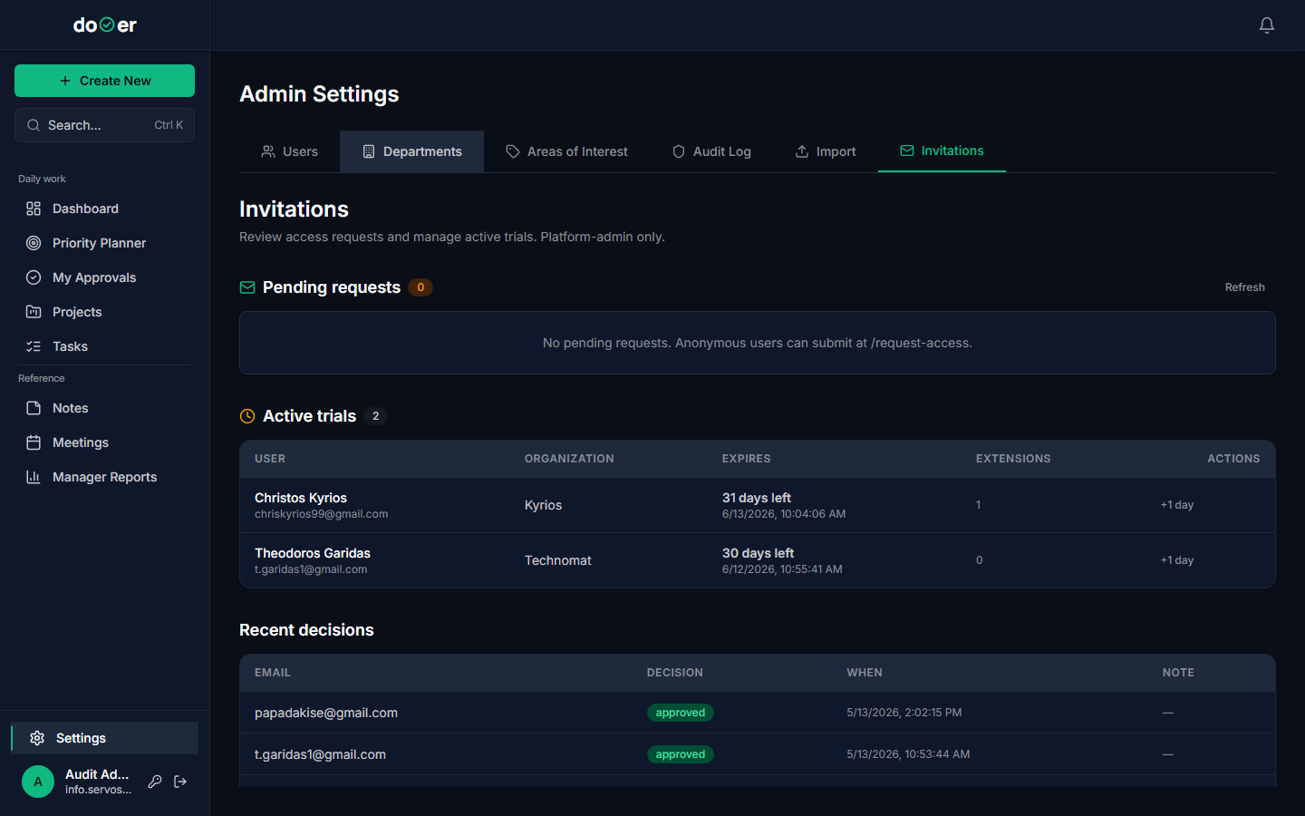 The Invitations admin tab showing a form to enter an email address, select a role, and assign a department, with a list of pending invitations below