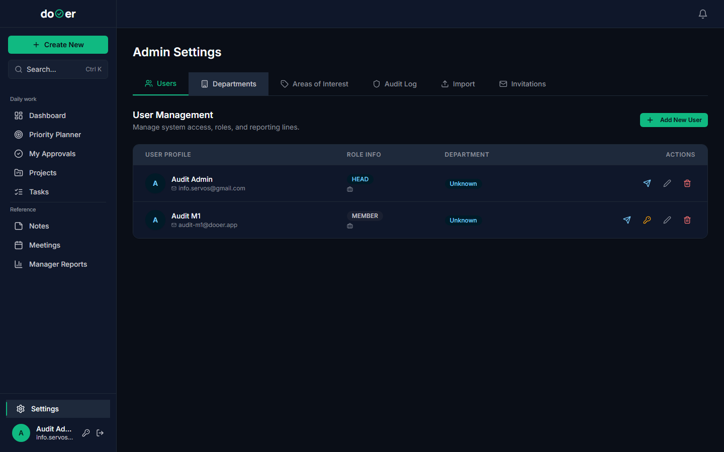 Settings → Users screen showing the user list and the role drop-down on a selected user
