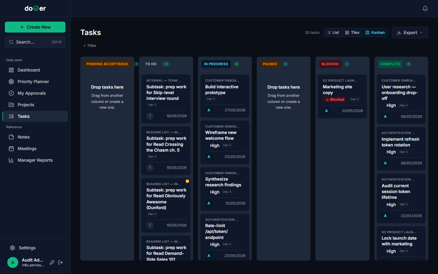 The Task Board in Kanban view with columns: PENDING ACCEPTANCE, TO DO, IN PROGRESS, PAUSED, BLOCKED, and COMPLETE, each containing task cards