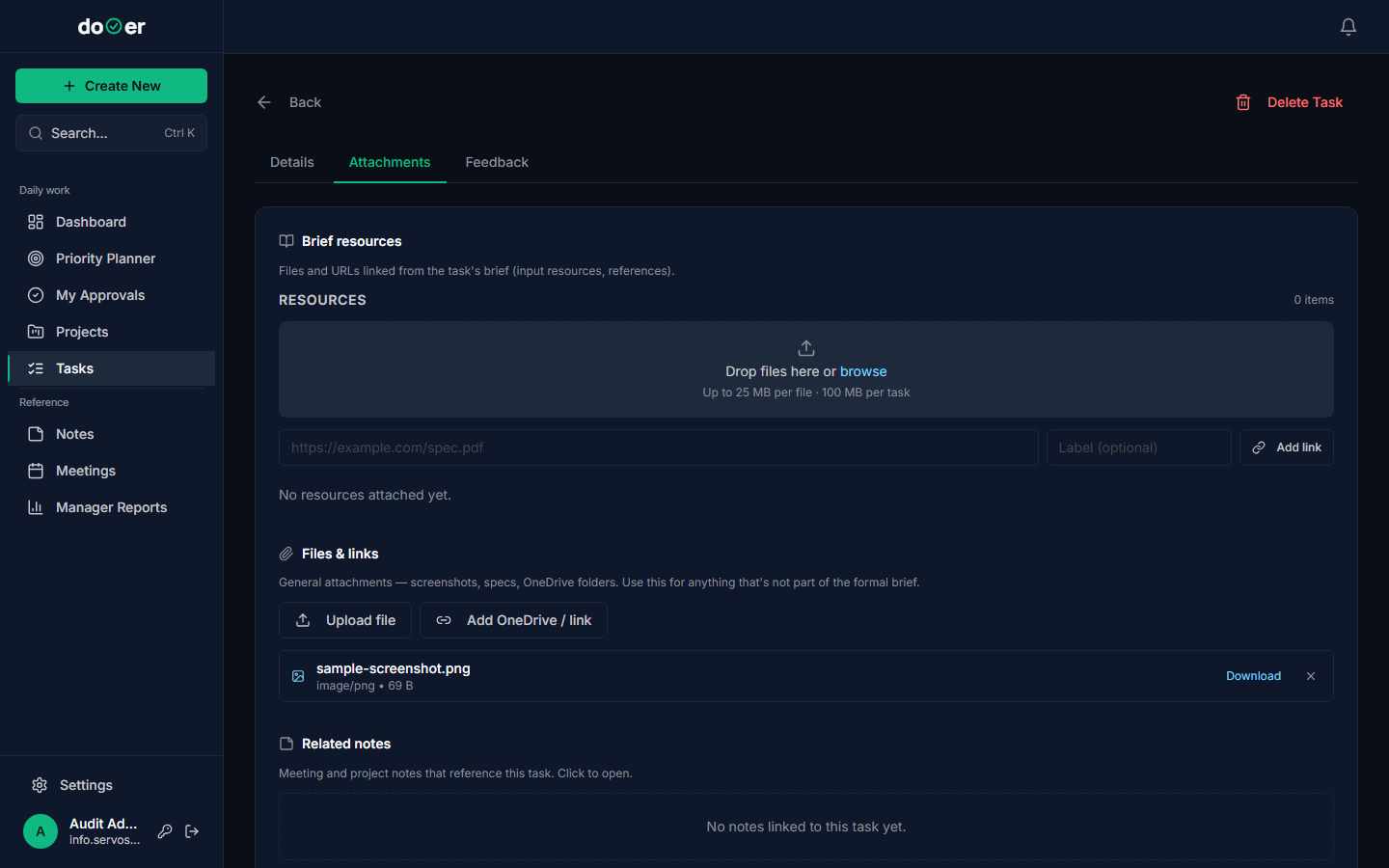 Task detail screen with the Attachments tab active, showing two panels: Brief resources with a drag-and-drop area and an Add link row, and Files & links with an Upload file button, an Add OneDrive / link button, and a sample-screenshot.png file listed. A third panel, Related notes, is visible at the bottom.