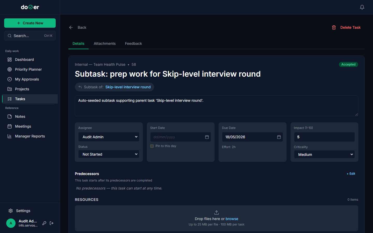 Task detail screen with the Details tab active, showing the task title, Status dropdown, Assignee, Start Date, Due Date, Impact score, Predecessors, Resources, and Activity and Comments sections