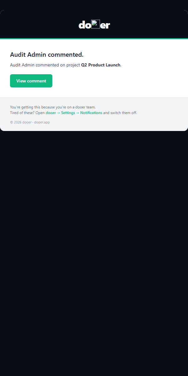 Comment added email showing the comment text and a View comment button
