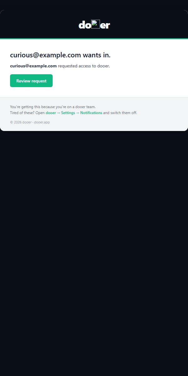 Invitation admin alert showing the requester name and email with approve and reject links