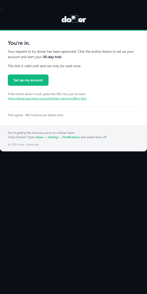 Invitation email showing the workspace name and a single Accept invitation button