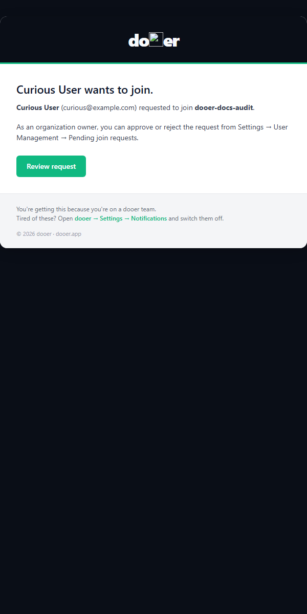 Join request notification with requester details and a link to the invitations settings page