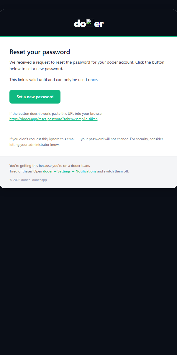 Password reset email with a single reset link