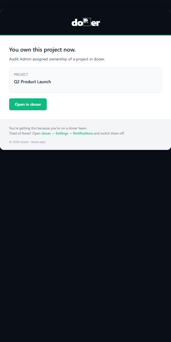 Project assigned email with project name and an Open project button