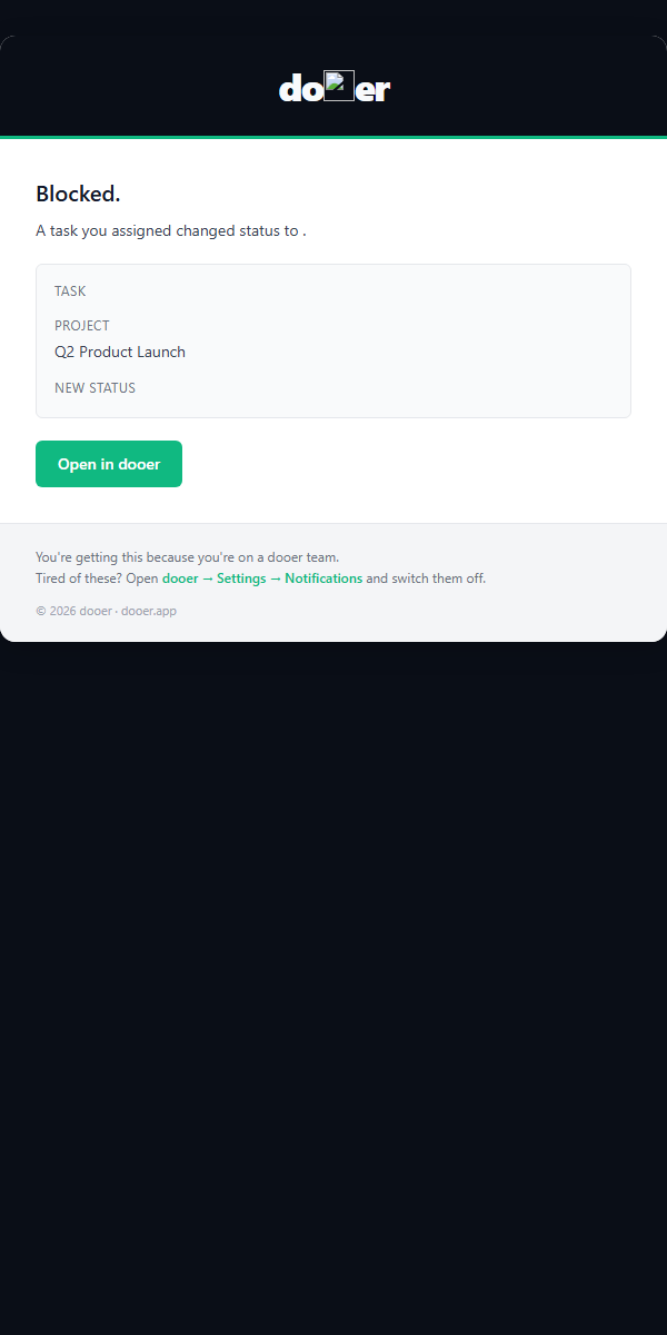 Status changed email showing old and new status and an Open task button
