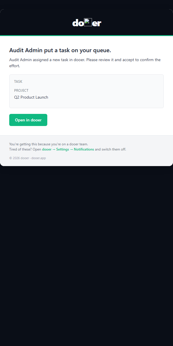 Task assigned email showing task title, due date, and an Open task button