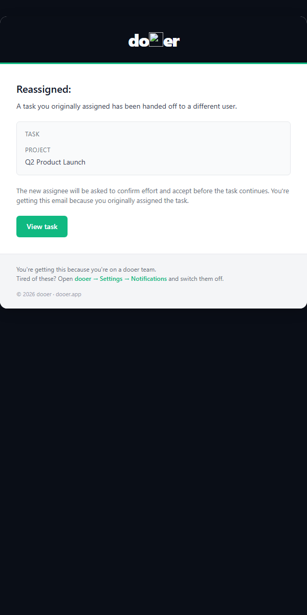 Task reassigned email showing the previous owner and an Open task button