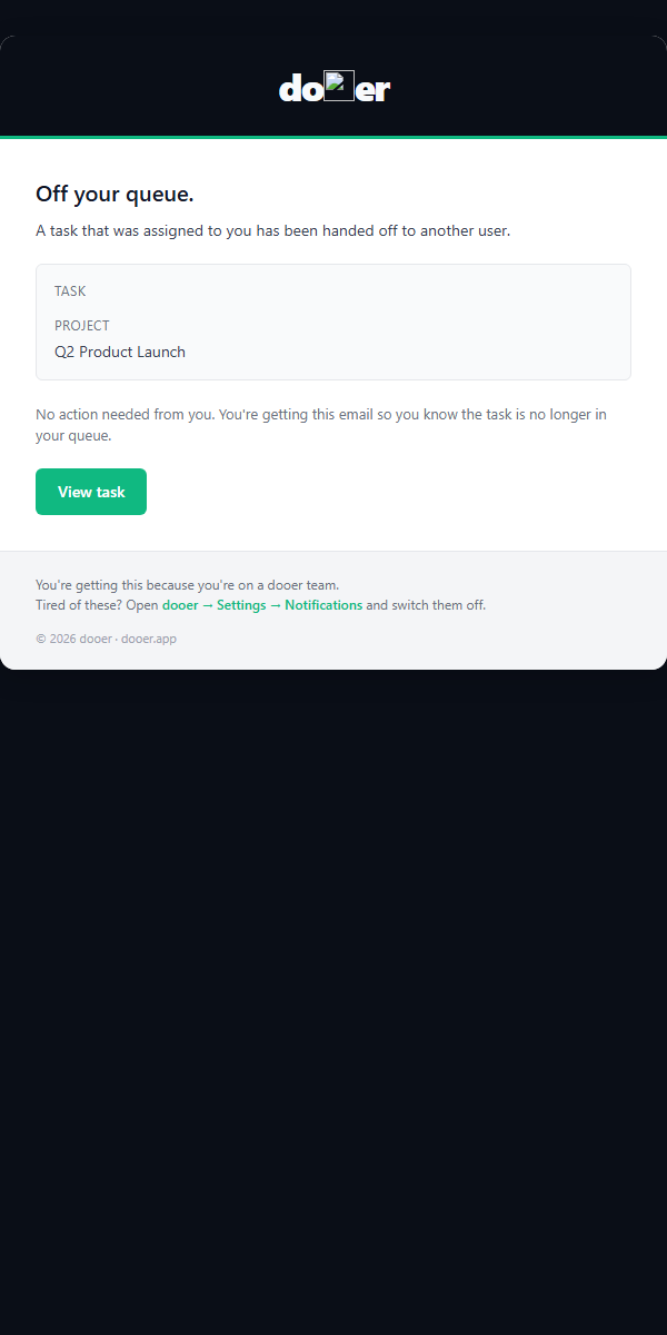 Task reassigned away email confirming the task moved to a new owner