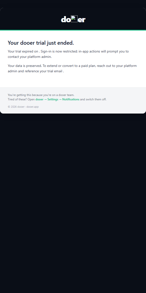 Trial expired email with an account locked notice and a contact sales button