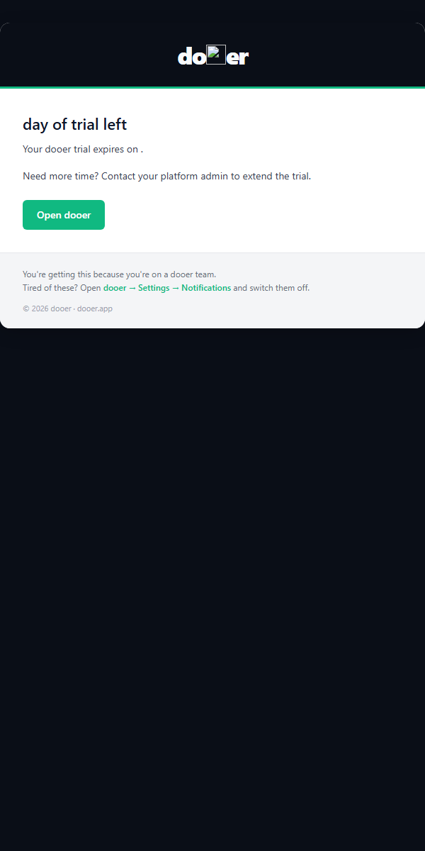 Trial reminder email showing the expiry date and a contact sales link