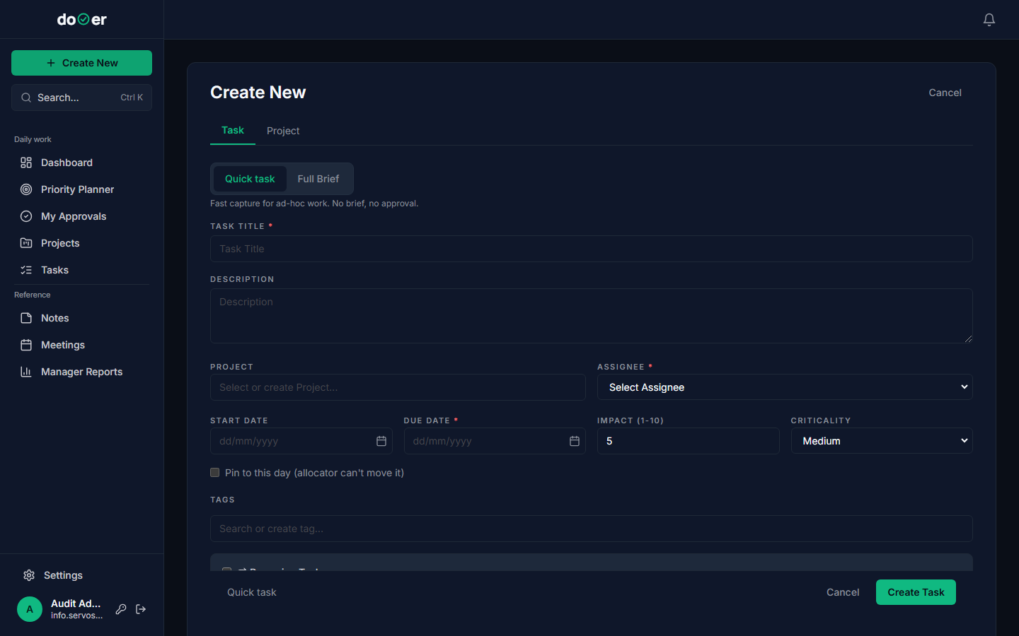 Validation error state in the Create New modal, highlighting required fields that were left blank
