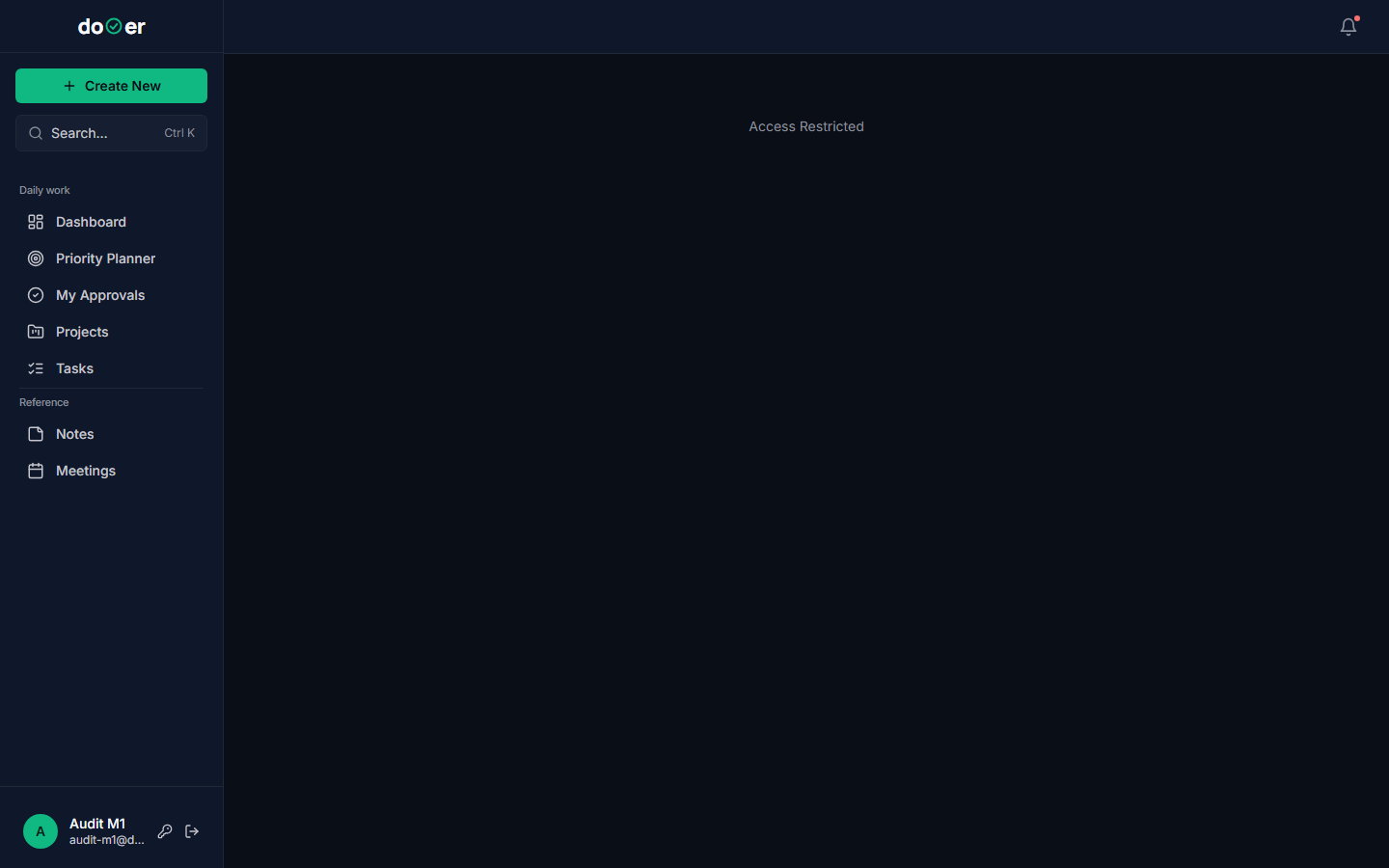 Settings → Audit screen showing a 403 access-denied message for a MEMBER-level user