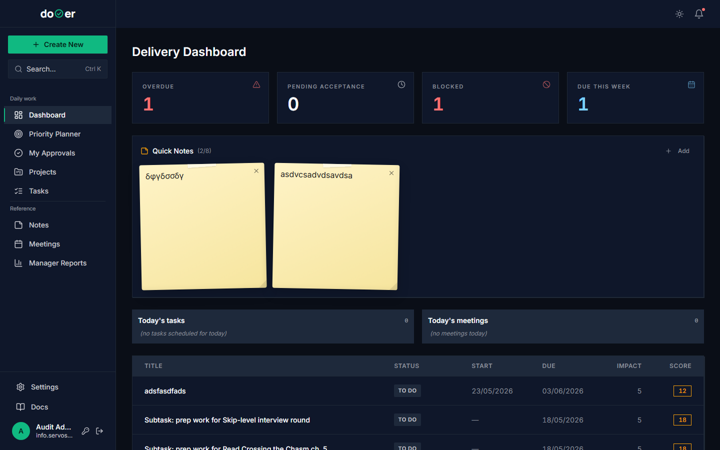 Dashboard with the + New button highlighted and the quick-task modal open with a title field
