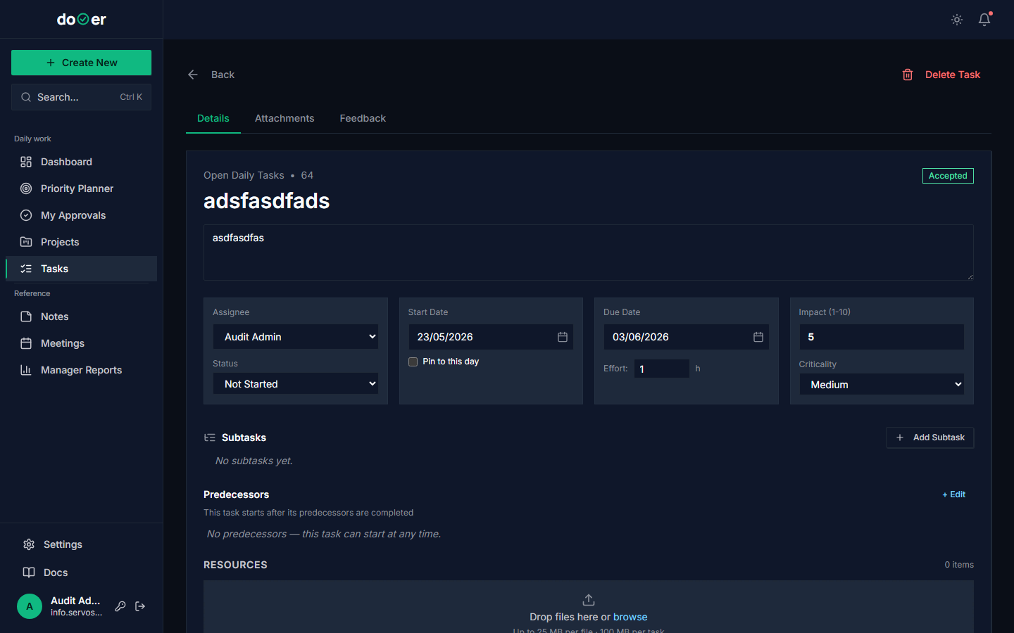 Task detail with the status pill open, showing a dropdown of status options