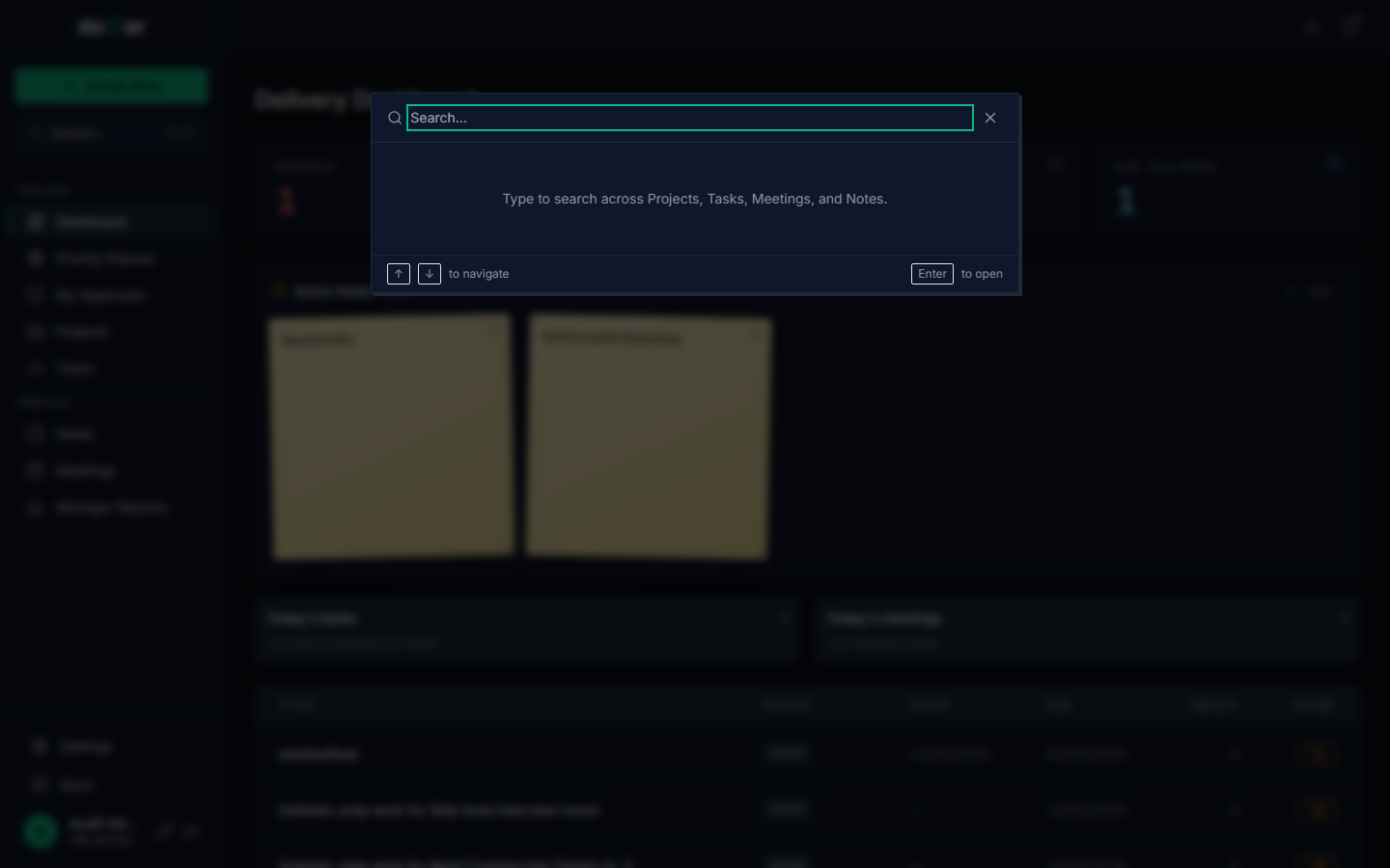 Global search modal open mid-type with results across tasks, notes, and projects