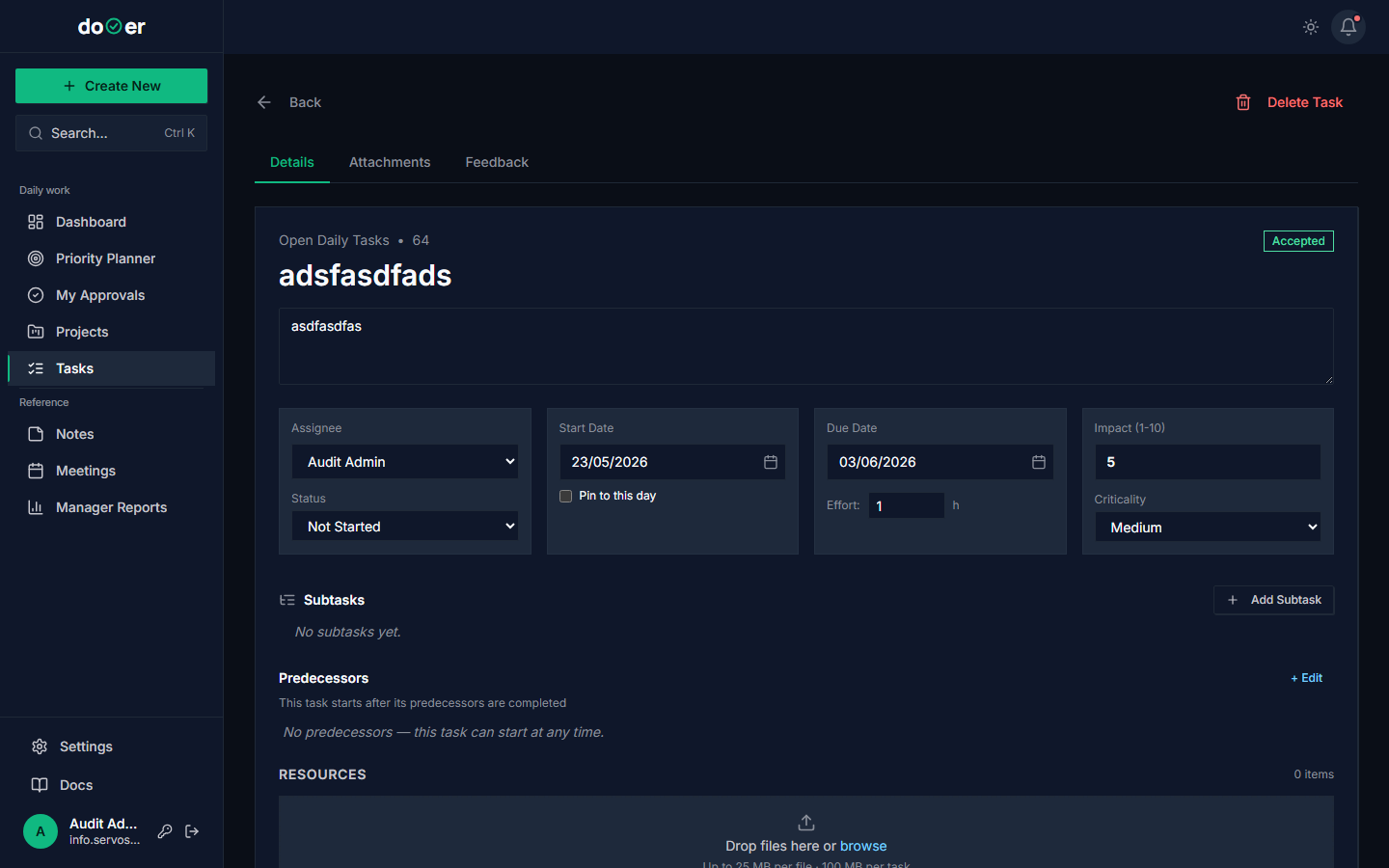 Task detail with a "Related Notes" panel showing one linked note title
