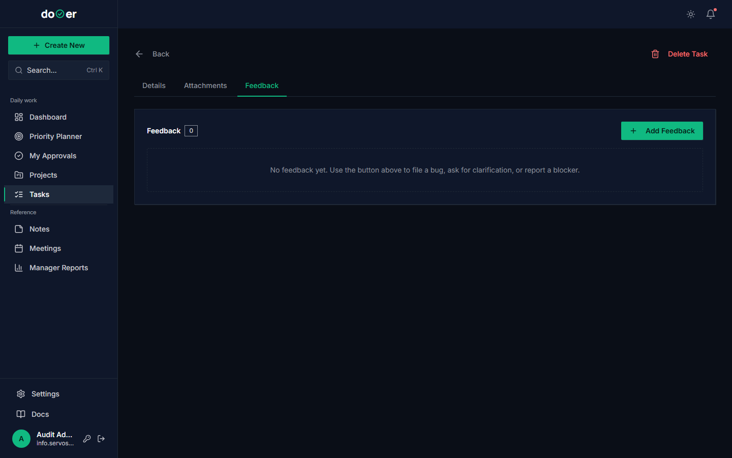 Feedback tab on a task with one open feedback item and a "Convert to task" button