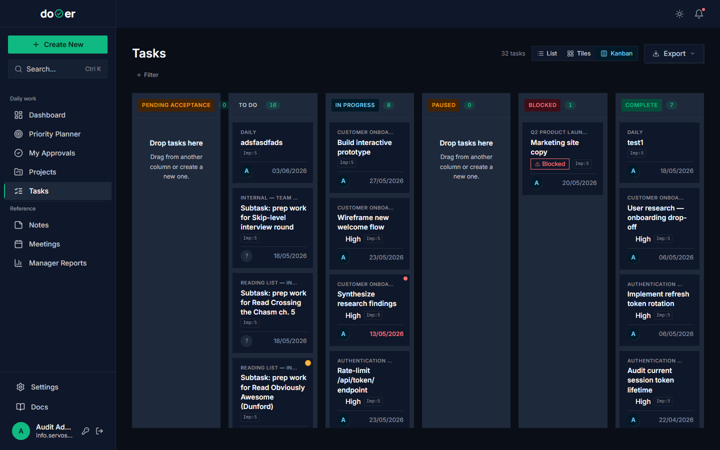 Filter bar with one Area of Interest selected, narrowing the task board to a single domain