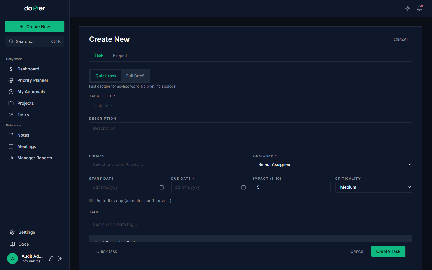 Intake form with the recurrence picker open, showing weekday checkboxes and a frequency dropdown
