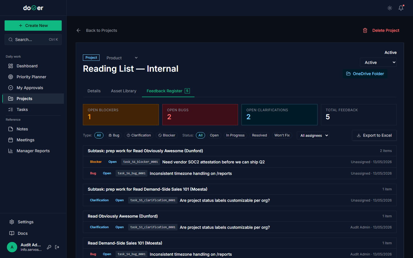 Project detail with the Feedback tab open, showing 3 open feedback items and 12 closed