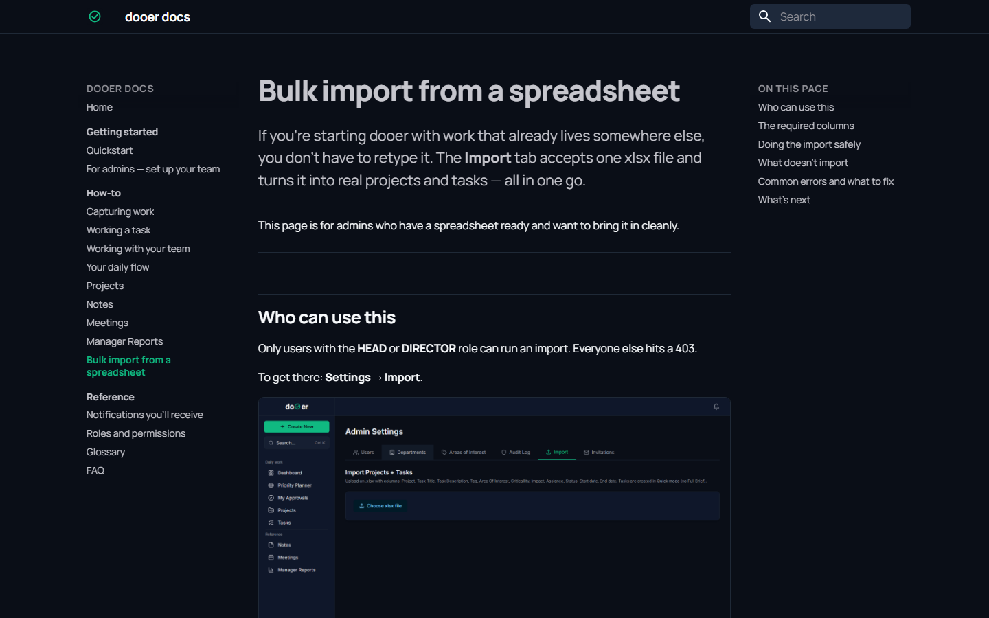 Bulk import flow with a CSV file picker and a column-mapping step