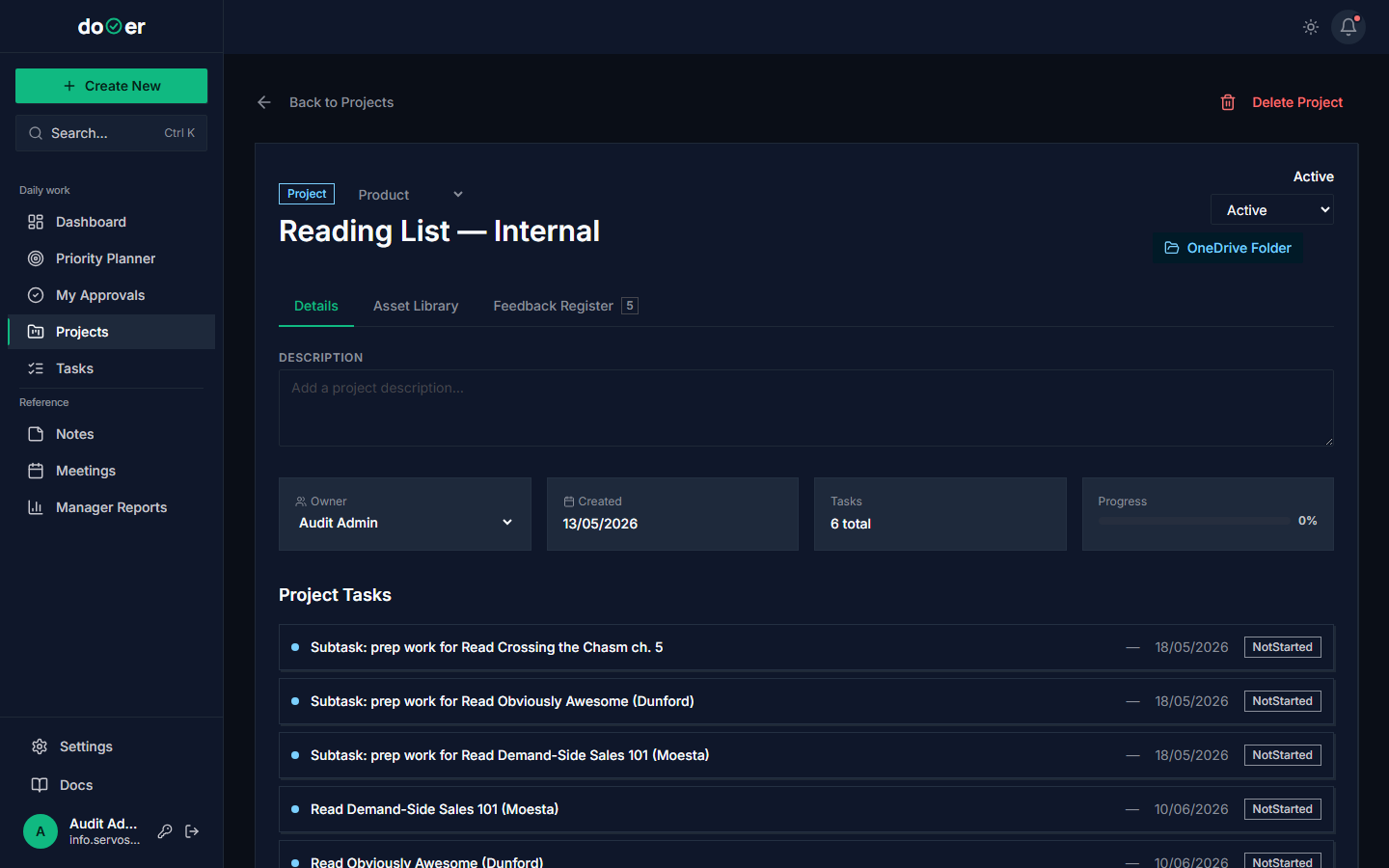 Project detail page with 12 linked tasks in the Details tab