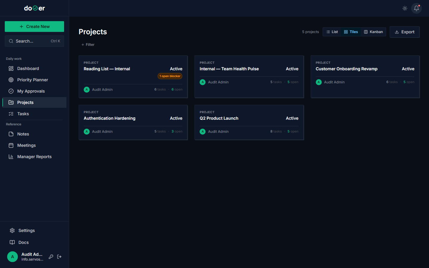 Project board showing four columns (Planning, Active, On Hold, Completed) with multiple projects distributed