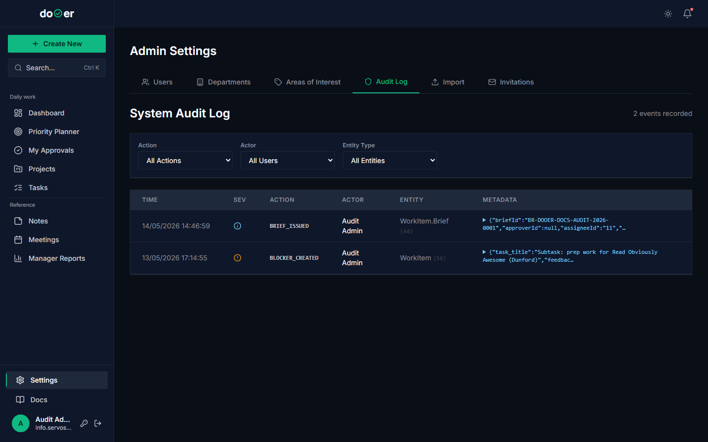 Settings → Audit filtered by project, showing scope changes flagged